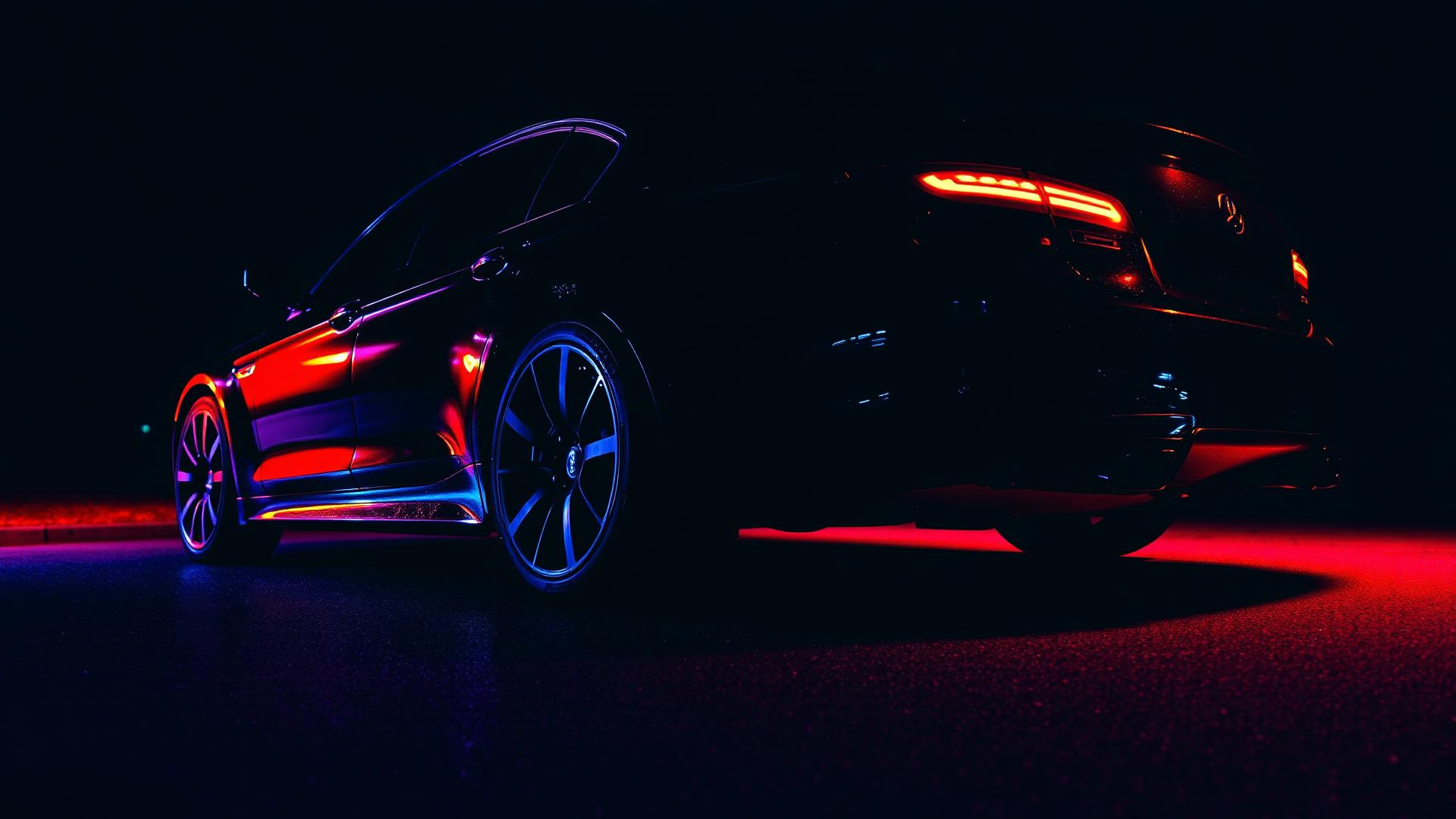 Freshly detailed black sedan with mirror-like paint reflecting orange and pink light